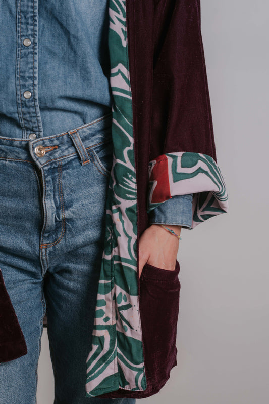 tasca kimono in velluto e seta double face prugna