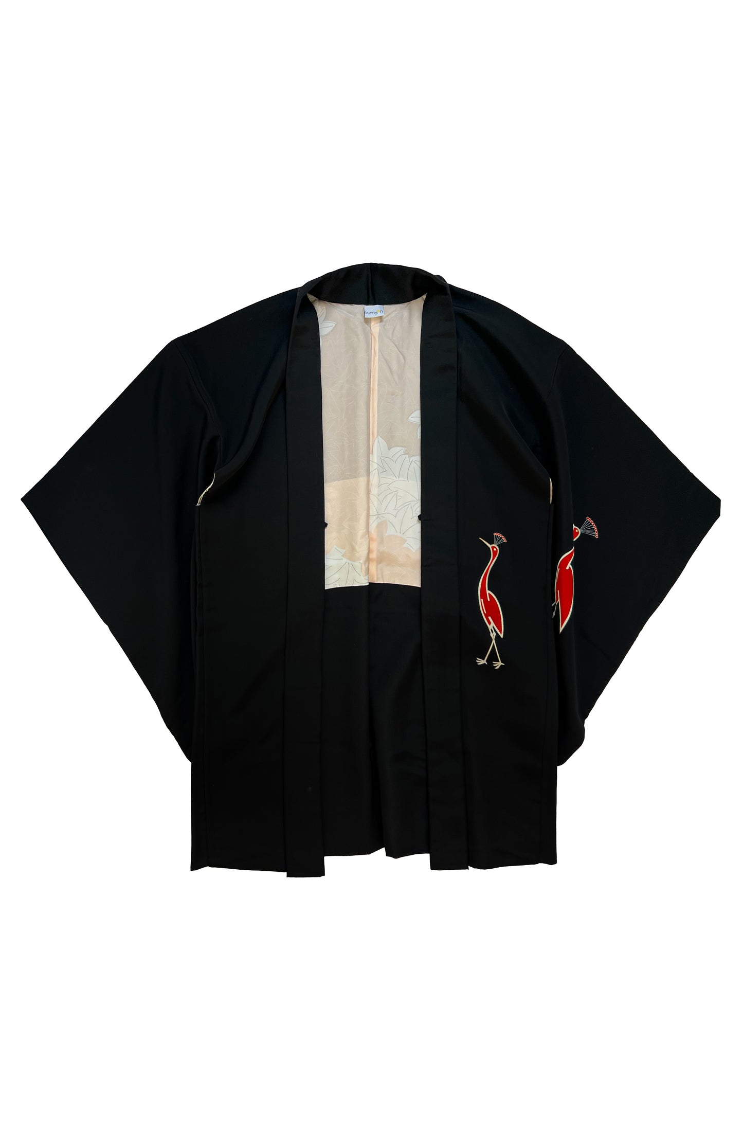 haori vintage giapponese in seta  nero con uccelli rossi.