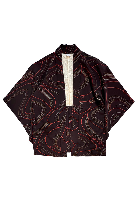 haori vintage giapponese nero con linee rosse