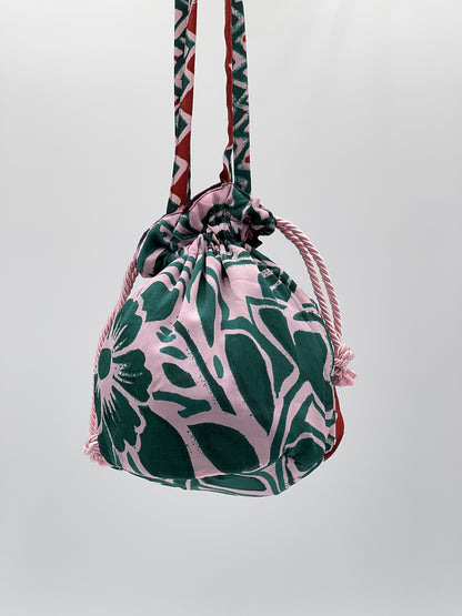 Borsetta artigianale reversibile in velluto e seta prugna KIMOON