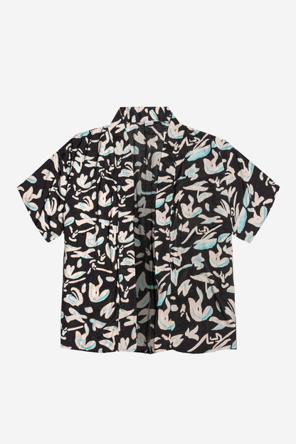 kimono artigianale IKO a fantasia floreale nero con fiori bianchi e verde acqua